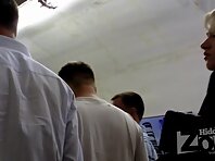 Up2398#Slim blonde in a short black dress. Our operator inserts his hand several times with 