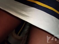 Up2873#Under the skirt of a slender girl in a striped dress. Gorgeous ass and shaved crotch 