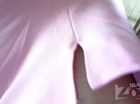 Up2286#Tanned brunette in pink skirt narrow. Beautiful tanned thighs and shaved crotch in bl