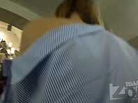 Up2822#Under the skirt of a girl in a short blue dress. Our operator several times put his h