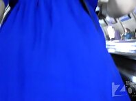 Up2202#The slender brunette in a short blue dress. Round ass tanned and shaved crotch in bla