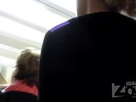 Up2225#Slim blonde in a gray skirt. Our upskirt-master filmed close-up of her round ass and 