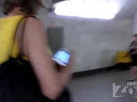 Up2302#Sporty girl in a short yellow dress. Excellent upskirt shots on the move. Our operato