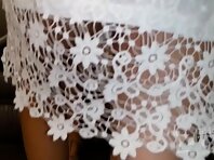 Up2431#A slender girl in a short white dress. Our operator several times pushed his hand wit