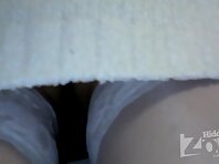 Up2385#Slender girl in short white skirt. Our operator inserts his hand several times with t