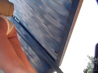 Bc2316#Tanned girl changes swimsuit in beach cabin. A beautiful athletic body and shaved cro