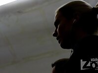 Up2382#Blonde in a narrow white skirt. Our operator was able to push a hand with the camera 