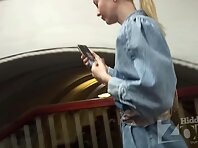 Up4251#A blonde in a short denim dress is seen under her skirt. Her pubic area and shaved cr