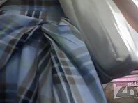 Up2133#Brunette in a wide blue skirt. Our cameraman filmed close-up of her crotch and shaved