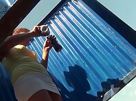 Bc2233#Tanned beauty with a smooth body dressed in a beach cabin. Beautiful tits and shaved 