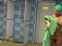 Sh1377#of hidden cam shower shoots as women wiped off after a shower. They then cover with t