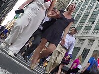 Up4134#Upskirt of a tanned girl in a short blue sundress. Our cameraman caught a close-up of