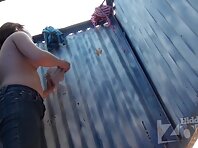 Bc1767#Young pretty woman in white lace panties wears a swimsuit. Our beach cabin voyeur is 