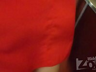 Up2914#Under the skirt of a slender brunette in a short red dress. Another good model for fi