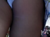 Up2383#Upskirt slim girl in a short white dress. Luxury ass and shaved crotch panties in whi