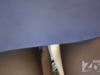 Up1730#Tanned babe in a short blue dress. Beautiful tanned ass and hairy crotch in black pan