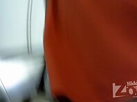 Up2334#Blonde in red skirt wide. Pretty woman standing on the steps of the legs wide apart. 