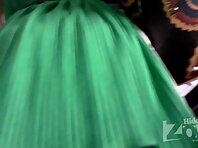 Up1874#Slender brunette in a short green dress. Great shot close-up. Nice ass in black panti