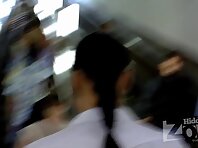 Up2440#Tanned brunette in a short white dress. Round tanned ass and shaved crotch in white p