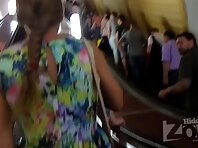 Up2373#Young girl in a colorful short dress. Beautiful ass and shaved crotch in purple panti