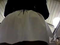 Up3007#Upskirt brunette in a wide white skirt. Beautiful ass in red panties and pantyhose cl