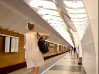 Up1532#A girl in a short Sarafan. Crotch in white strings closeup